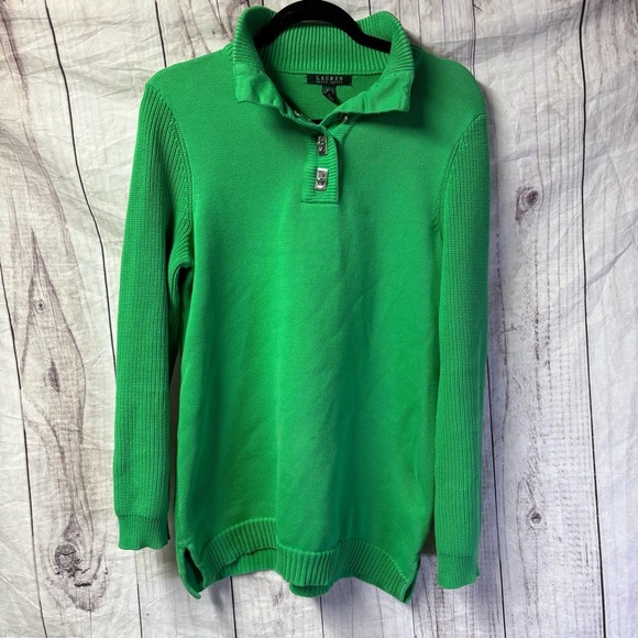 Lauren Ralph Lauren Sweater Womens XL Green Tunic Pullover Metal Buttons Mock - Picture 1 of 5